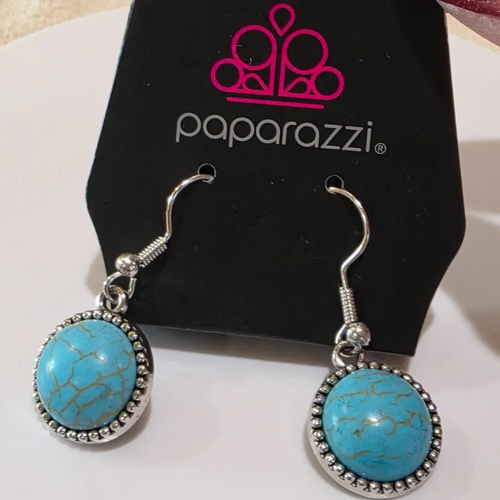 NOC Paparazzi Blue Marbled Round SW Style Silver Dangle Pierced Earrings NOS